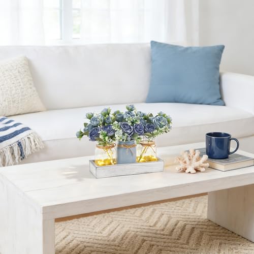 Mason Jar Lights Centerpieces for Tables Dining Room Farmhouse Decor (Grey Blue / small)