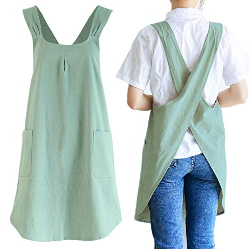 Japanese Linen Cross Back Kitchen Cooking Aprons for Men with Pockets for Baking Painting Gardening Cleaning Light Green (01- Women's Mint Green)