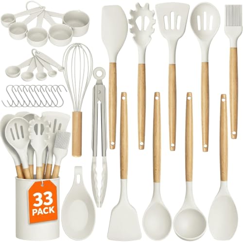 33Pcs Kitchen Utensils Set Silicone Cooking Utensils Set with Wooden Handle (White)