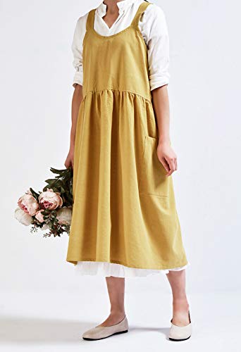 Japanese Cotton Cross Back Pinafore Apron for Women with Pockets Yellow (02 - Bright Yellow Without Waist Ties)