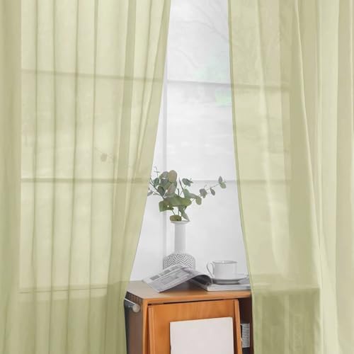 Solid Sheer Rod Pocket Curtain Voile Draperies 2 Panels White Beige Black Grey Ivory 52 Inch Width 96 Inch Long 1 Pair for Kitchen Bedroom Children Living Room Yard (Sage Green / 52"W x 96"L (Pack of 2))