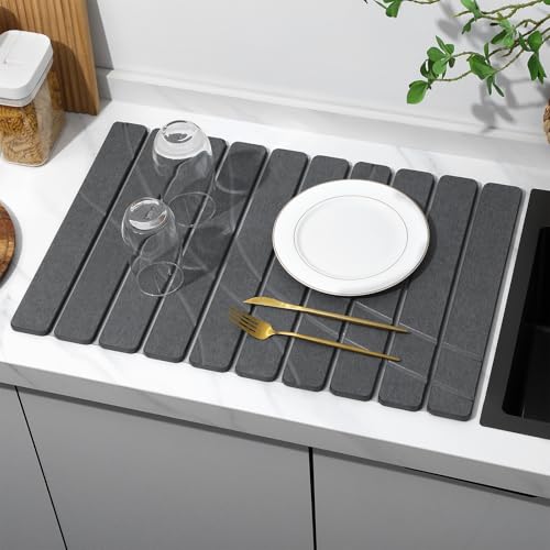 Large Stone Dish Drying Mat for Kitchen Counter (Flow Line Dark Gray / 24" x 16")