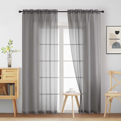 Grey Sheer Curtains 90 Inches Long 2 Panels (42"W x 90"L (Pack of 2) / Charcoal Grey)