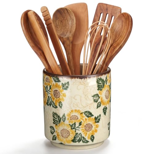 Rustic Ceramic Utensil Holder Sunflower 5.5" (Sunflower / 5.5" / Rustic)