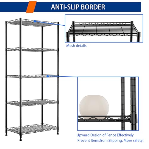 5 Wire Shelving Metal Storage Rack Adjustable Shelves (Black / 5tier 11.8"D x 21.2"W x 53.5"H)