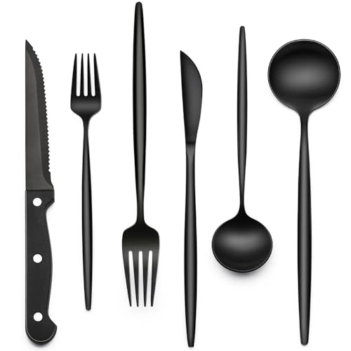 24 Piece Black Silverware Set with Steak Knives (Long Edge)