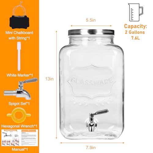 2 Gallon Glass Drinks Dispenser for Parties (2 Gallon without Stand)