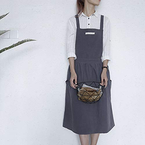 Cotton and linen Kitchen Cooking Aprons Dress for Women with Pockets Cute for Baking Painting Gardening Cleaning (Dark Gray)