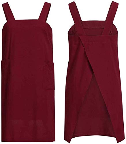 Women's Cross Back Pinafore Apron with Large Pockets Home Kitchen (3X-Large / Wine Red)