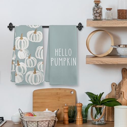 Fall Blue Hello Pumpkin Farmhouse Kitchen Towels and Dishcloths Sets of 2 (Lake Pumpkin)