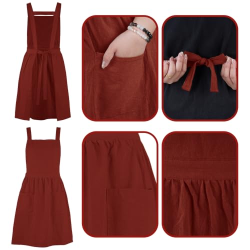 Linen Cotton Pinafore Apron Dress for Women with Pockets (Brick Red)