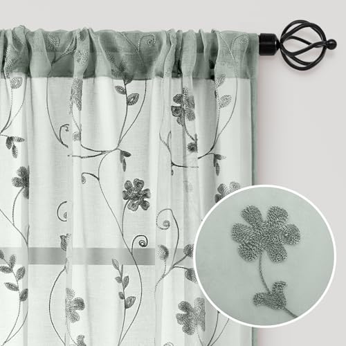 Sage Green Sheer Curtains 63 Inches Length 2 Panels Embroidered Floral Pattern Semi Sheer Window Curtains for Bedroom Living Room (52"W x 63"L (Pack of 2) / Sage Green)