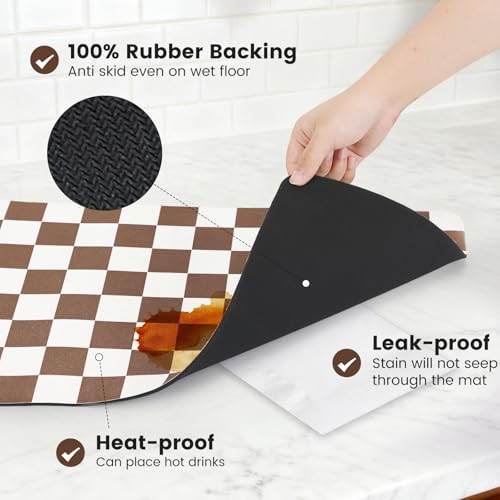 Checkered Dish Mat for Kitchen Coffee Station (Coffee Brown / 17" x 32")