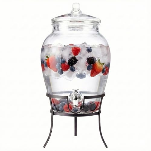 Glass Beverage Drink Dispenser with Metal Rack Stand (2.64 Gallon)