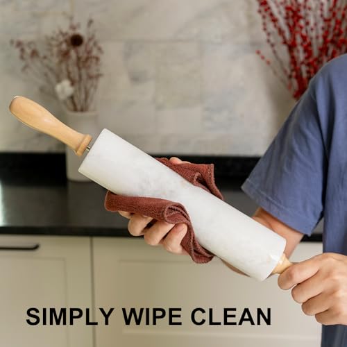 White Marble Rolling Pin With Wooden Handles & Wood Cradle (Namib Fantasy White)
