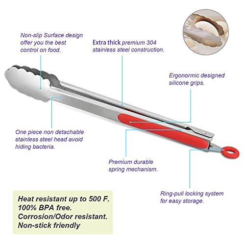 304 Stainless Steel Locking Kitchen Tongs (9" & 9" & 12" & 12" / Red)