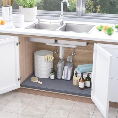 Waterproof Under Sink Mat 37" x 22" Silicone Mat Cabinet Protector (Dark Gray / 37"W x 22"L)