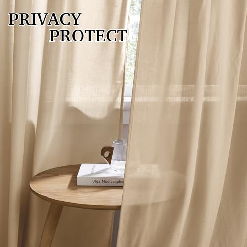 Linen Semi Sheer Curtains for Bedroom Living Room 95 inches Long (H - Camel / 52"W x 95"L (Pack of 2))