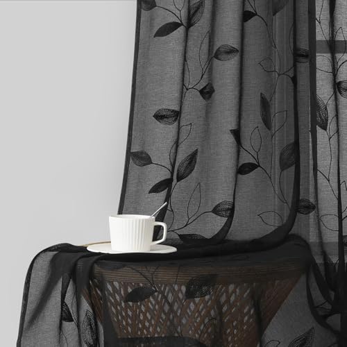 Black Sheer Curtains Leaf Embroidered (52"W x 96"L (Pack of 2) / Black)