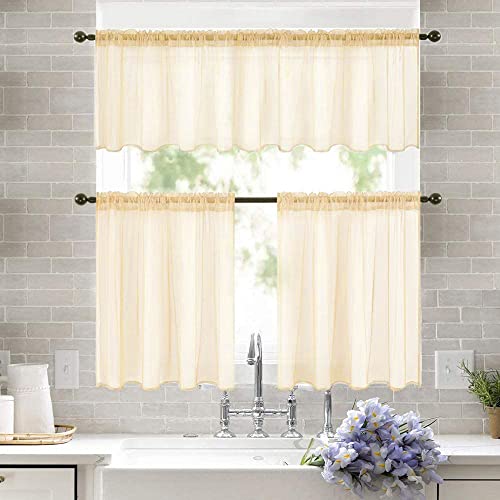 Cream Beige Short Sheer Curtains 2 Panels (Cream Beige / 29"W x 30"L (Pack of 2))