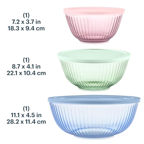 Colors (3-Pack) Sculpted Tinted Glass Mixing Bowls with Plastic Lids (3 Pack, Small/Medium/Large, With Lids / Pink, Green, Blue)