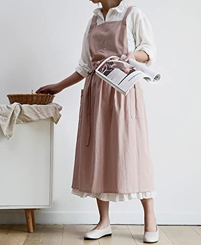 Women Cotton Linen Cross Back Apron with Pockets for Gardening Works Pinafore Dress (Pink)