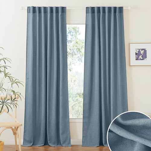 Farmhouse Boho Linen Sheer Curtains 90 inches Long for Living Room (Stone Blue / 52"W x 90"L (Pack of 2))