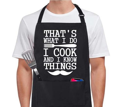 Funny Apron for Men 100% Cotton That's What I Do I Cook And I Know Things Adjustable Bib Aprons with 2 Pockets Grill Kitchen Cooking BBQ Black (That's What I Do I Cook and I Know Things)