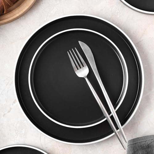 Allison Stoneware Dish Set (Dinnerware Set / Service For 8 / Black Matte, White Rim)
