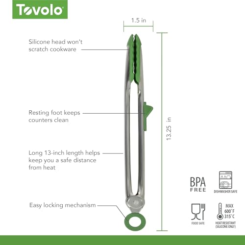 Tongs With Silicone Tips Easy Grip 13” Long Kitchen Tongs Stainless Steel Handle For Cooking (Pesto)