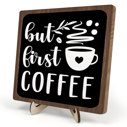 Vintage Coffee Bar Wooden Plaque Desk Sign (Black&Brown / 5.9 x 5.9 x 0.32 inches)