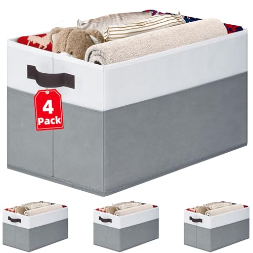 4 Pack Large Closet Storage Baskets Bins for Shelves (4pcs - Rectangular 14"x10"x9.5" / White with Grey)