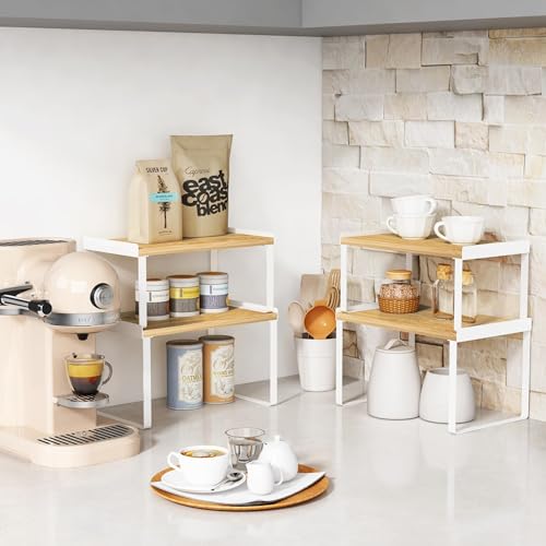 Cabinet Shelf Organizers Set of 4 (Medium / White-bamboo)