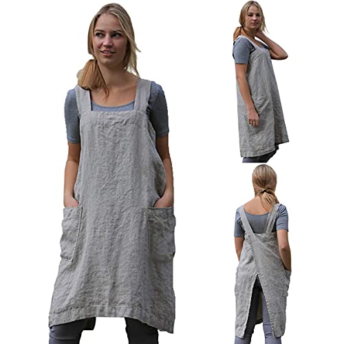 Cotton Linen Apron Cross Back Apron for Women with Big Pockets Square Pinafore Dress for Baking Cooking BBQ & Grill (Gray / Large)