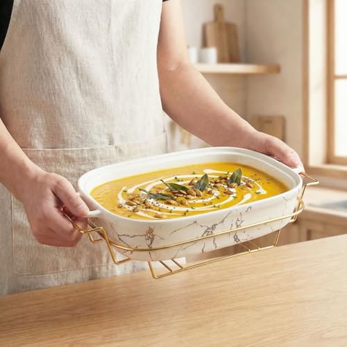 10" x 6" Ceramic Casserole Dish with Glass Lid and rack (White / 11.6 Inch(30 oz))