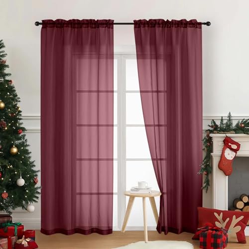 Burgundy Sheer Curtains 90 Inches Long 2 Panels (42"W x 90"L (Pack of 2) / Burgundy)