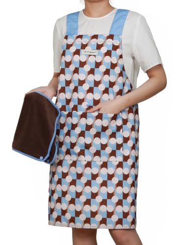 Kitchen Apron for Women with Pockets and Removable Towel (Blue Polka Dots (With Towel) / Standard)