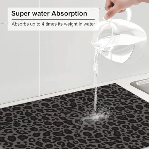 Black Grey Leopard Print Dish Drying Mat 18x24 Inch (Black Grey)