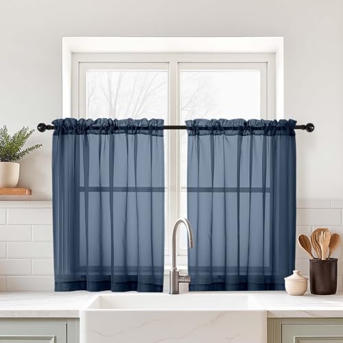 Navy Blue Small Sheer Curtains Tier 24 Inches Length 2 Pieces (42"W x 24"L (Pack of 2) / Navy Blue)