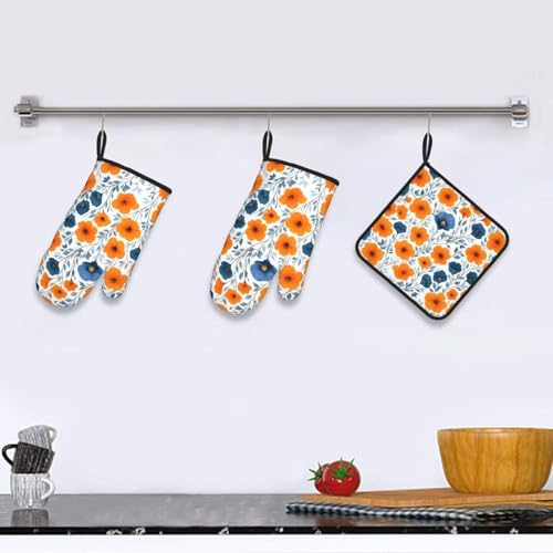 Spring Orange Blue Floral Oven Mitts and Pot Holders Sets of 3 (Orange and Blue Floral)