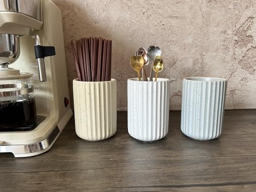 Stoneware Coffee Bar Utensil Holder Tea & Coffee Spoon & Stirrer Holder for Stir Stick Straw Teaspoon Holder Espresso Spoon Cup Small Utensil Jar Fluted Vertical Stripe (Speckled White)