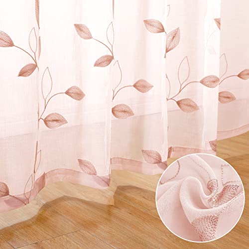 Blush Pink Sheer Curtains Leaf Embroidered (52"W x 63"L (Pack of 2) / Pink)