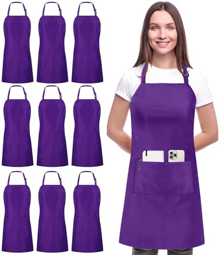 Bib Aprons 10 Pack Adjustable With 2 Pockets (10 Pack / Purple)
