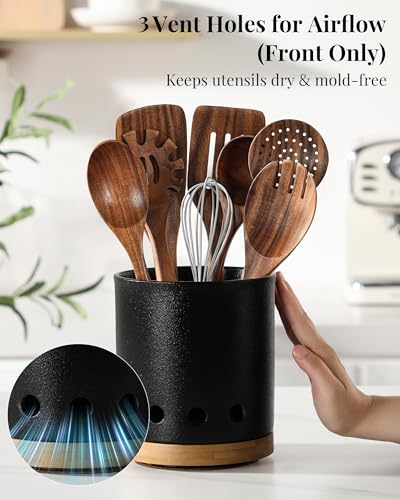 360° Rotating Ceramic Utensil Holder for Kitchen Countertop (Holed - Textured Black / 7.3 inch)