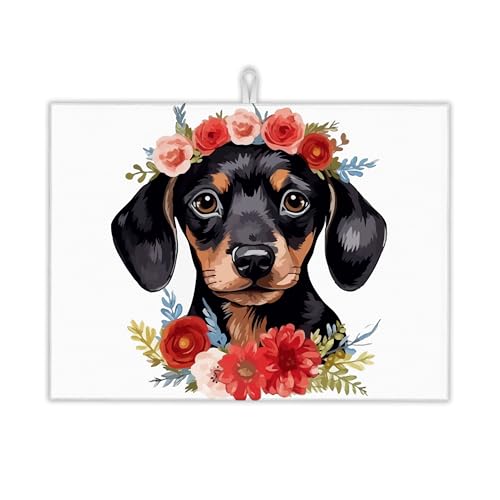 Dachshund Dog Flowers Dish Drying Rack Mat for Kitchen Counter (Dachshund Dog Flowers)