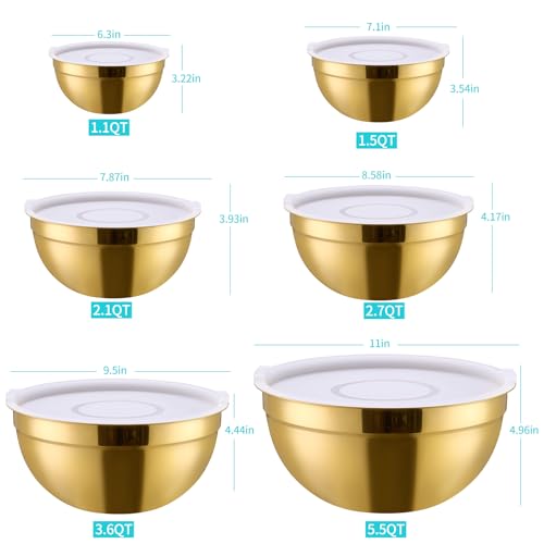 6 Piece Gold Mixing Bowls Set With Lids for Kitchen (Gold / 6 Piece)