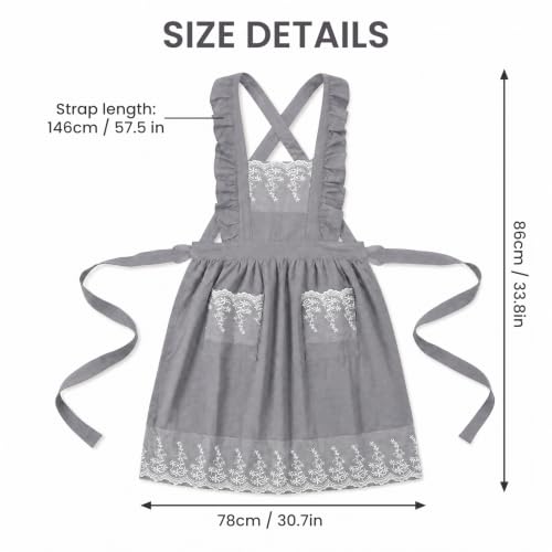 Aoomzoom Vintage Aprons for Woman with Pockets Cute Lace Ruffle Adjustable Apron for Cooking Kitchen Baking Gardening (Sky Grey)