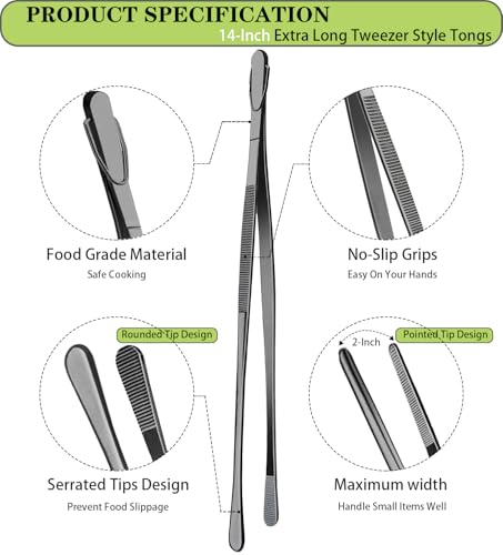 2 Pcs 14 Inch Food Tweezer Tongs Extra Long Stainless Steel Kitchen Tweezer Cooking Tweezers (14+14 Inch / Black)