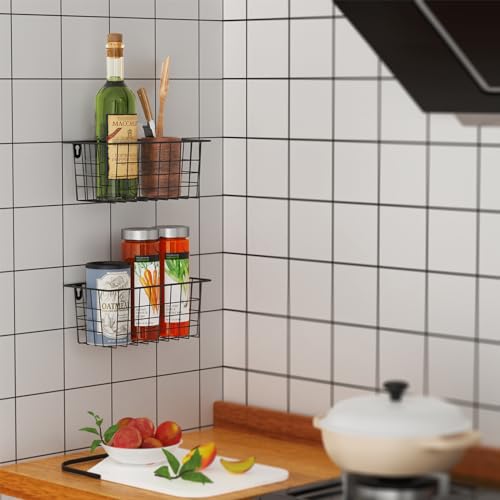 Hanging Wire Baskets Kitchen Storage Basket Adhesive and Screws Basket Over the Cabinet Door Organizer with Adhesive Strips and Screws Accessories (Black / 2 Installations-4PACK)