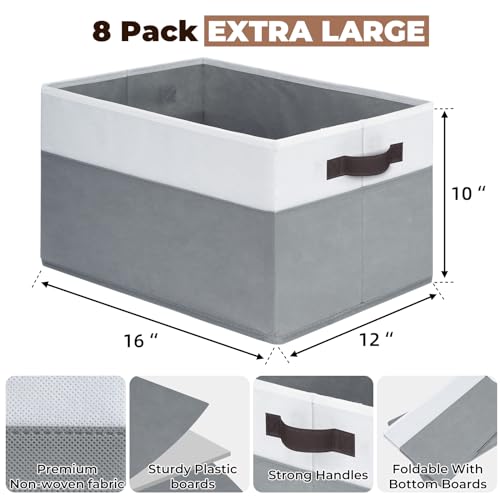 8 Pack Closet Organizers and Storage Bins (8pcs - Rectangular 16"x12" / White with Grey)
